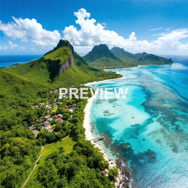 A vibrant coastal landscape featuring lush green mountains, a small village with colorful rooftops, and clear turquoise waters along a sandy shoreline under a bright blue sky with scattered clouds.